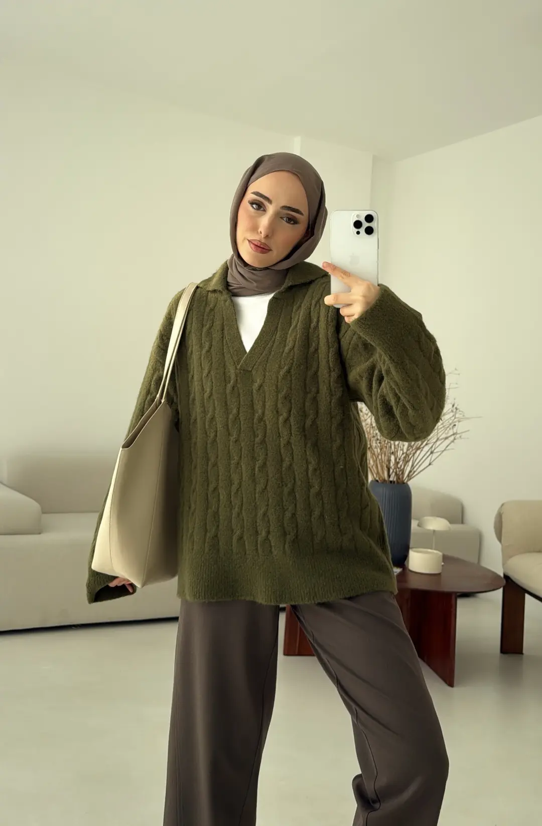 Saç Örgü Polo Yaka Kazak Olive - Görsel 5