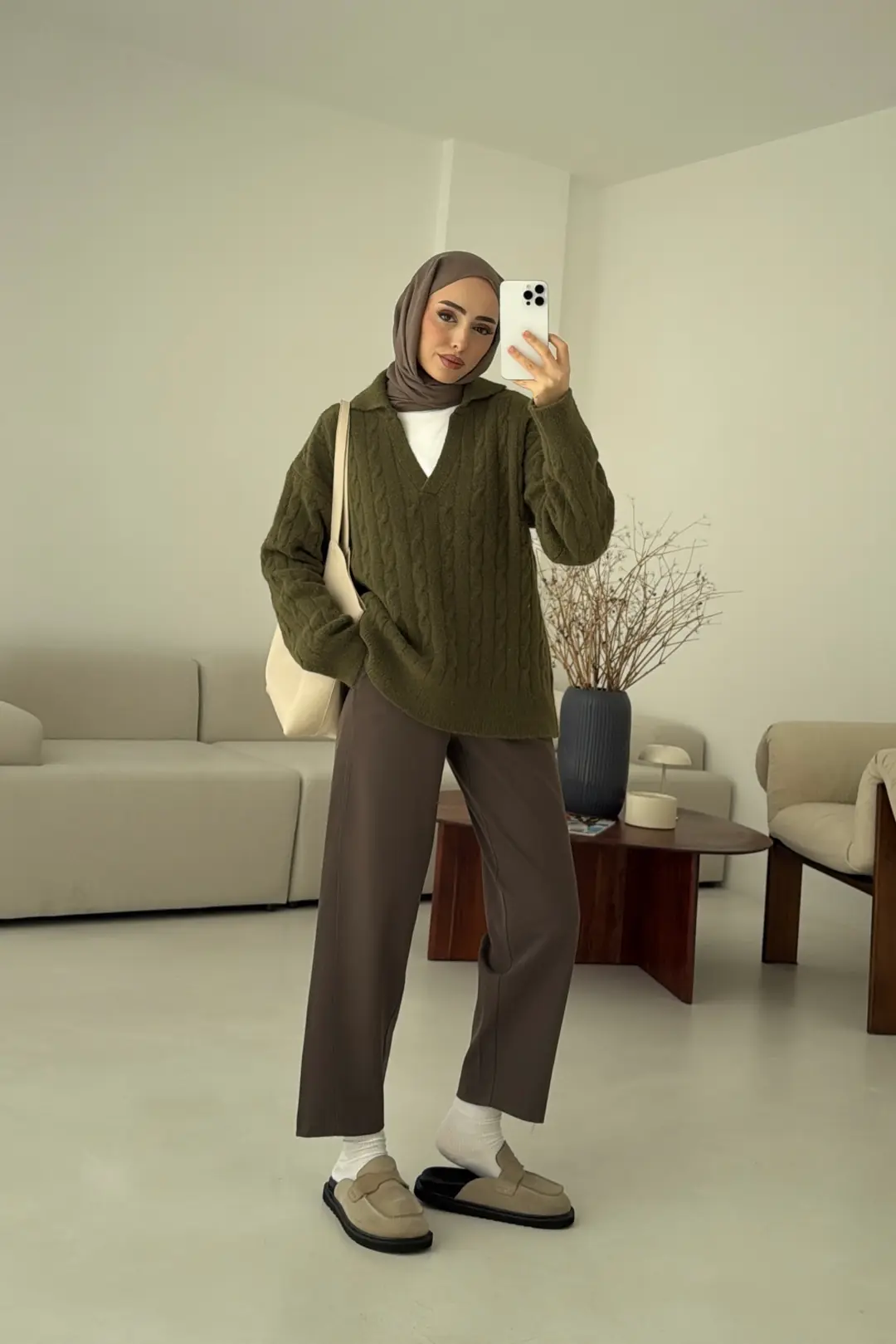 Saç Örgü Polo Yaka Kazak Olive - Görsel 6