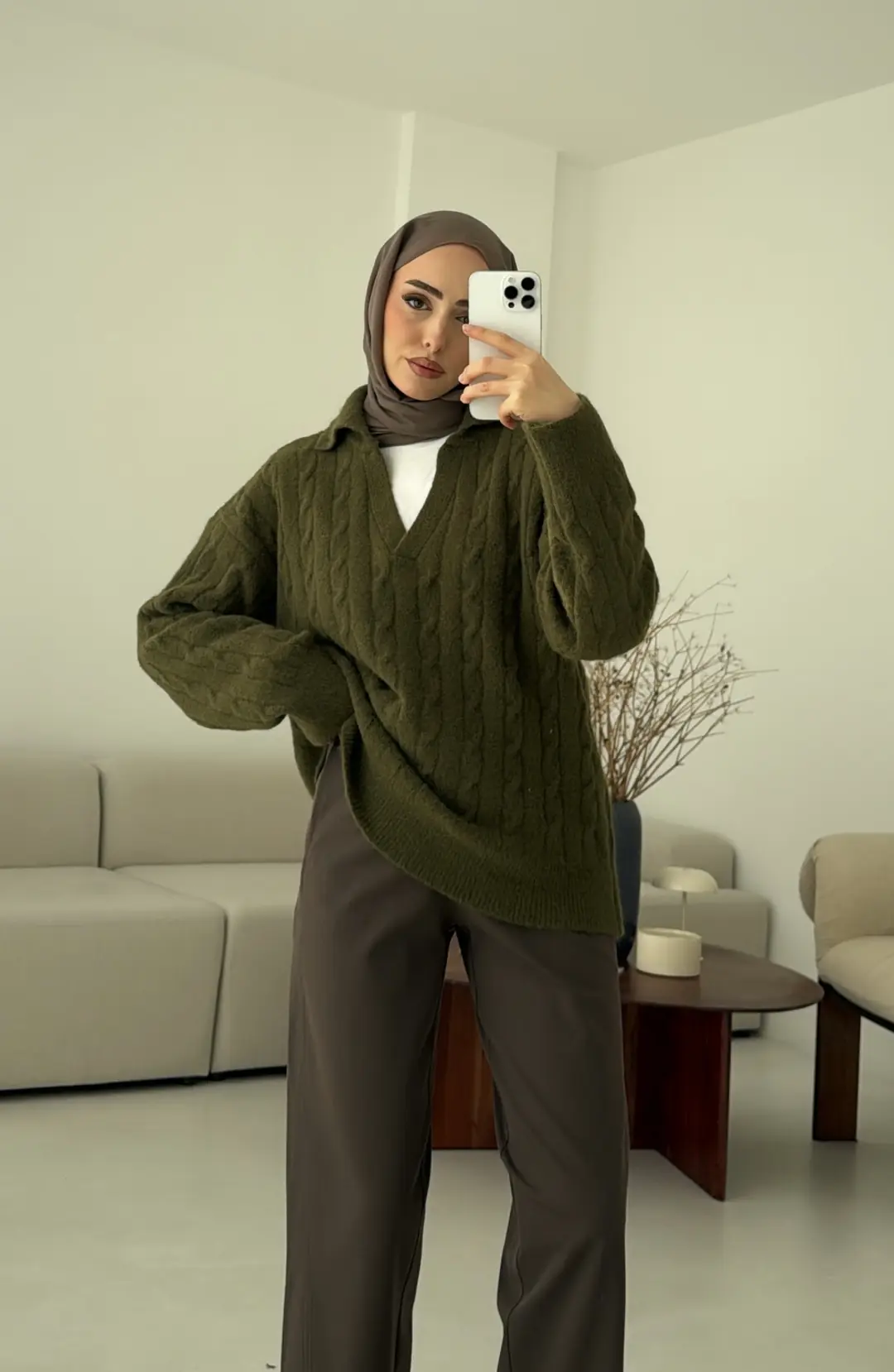 Saç Örgü Polo Yaka Kazak Olive - Görsel 7