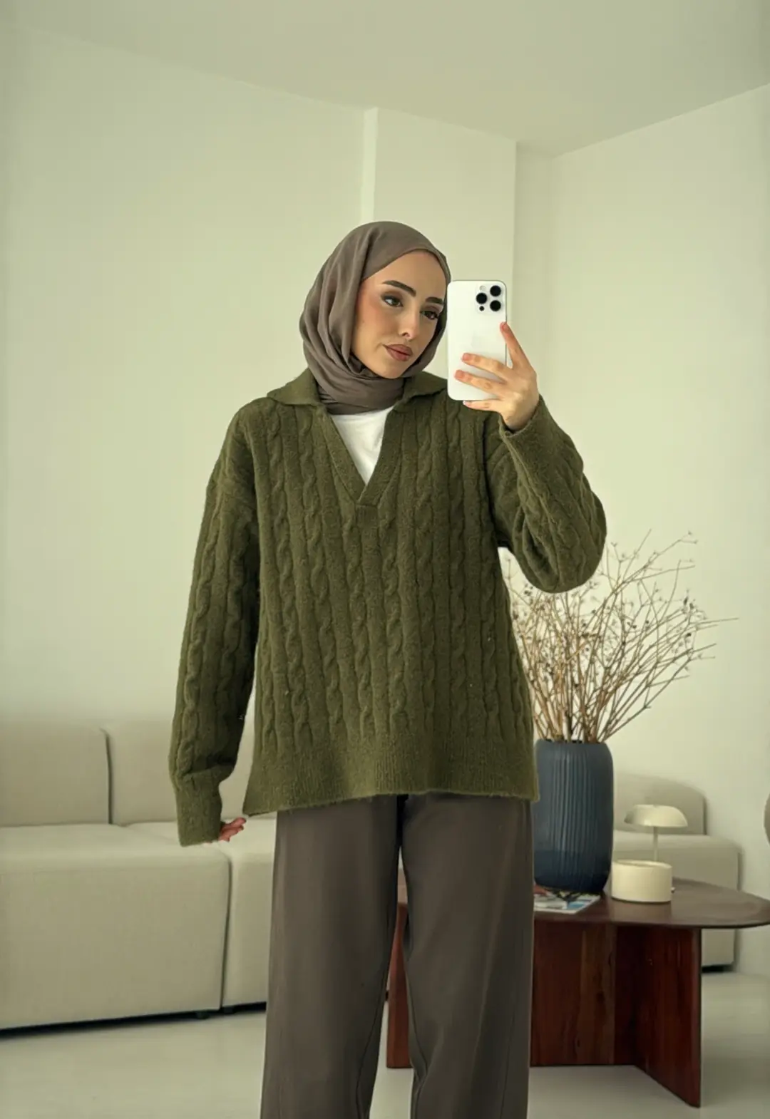 Saç Örgü Polo Yaka Kazak Olive - Görsel 8