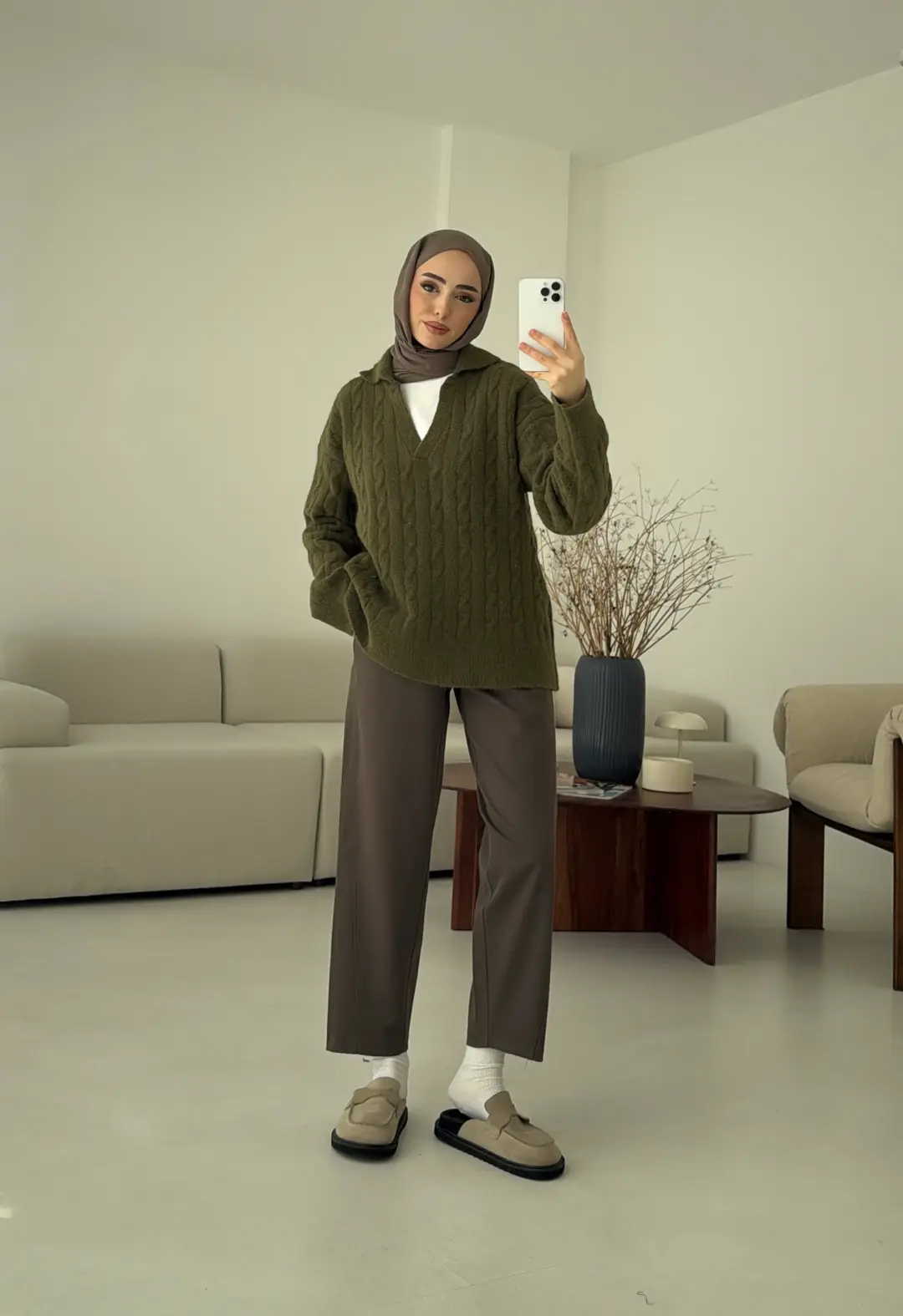 Saç Örgü Polo Yaka Kazak Olive - Görsel 9