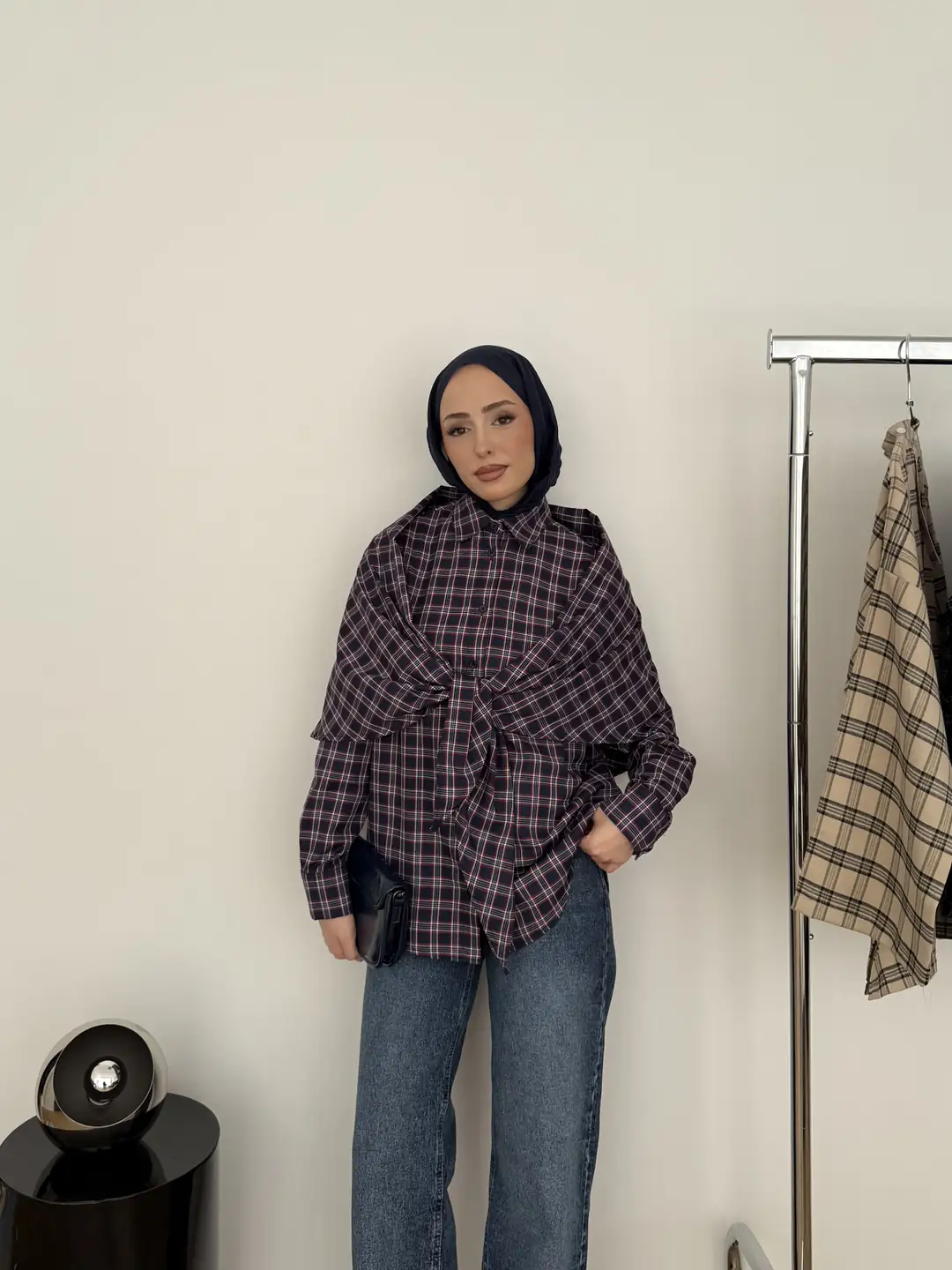 Şal Detaylı Gömlek Bordo/Lacivert - Görsel 3