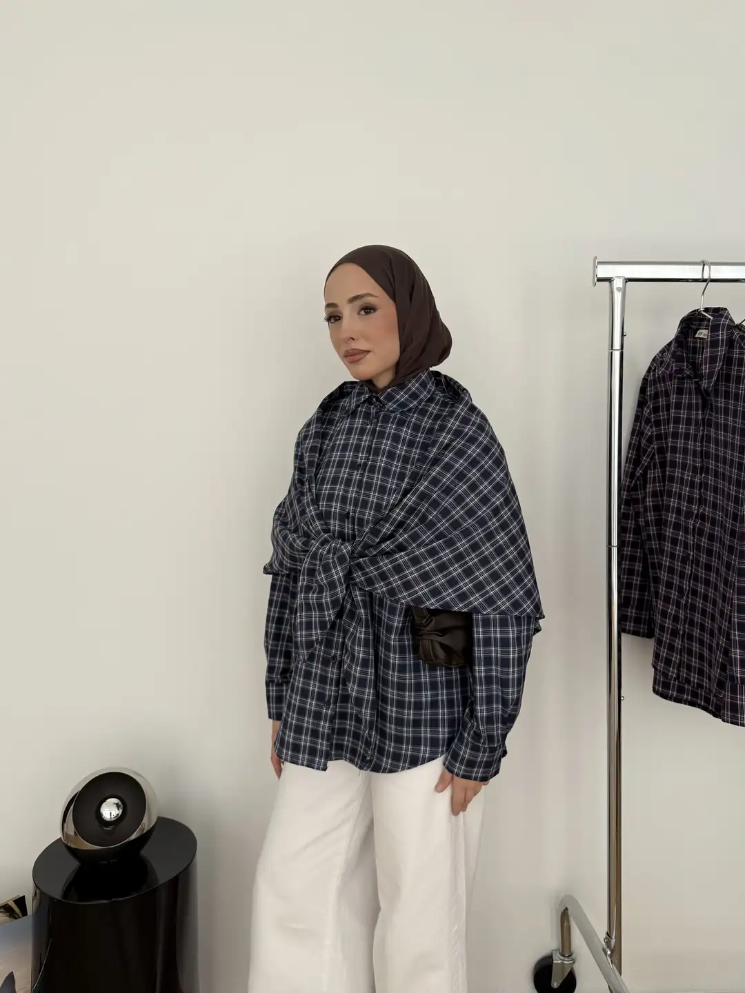 Şal Detaylı Gömlek Lacivert/Beyaz - Görsel 4