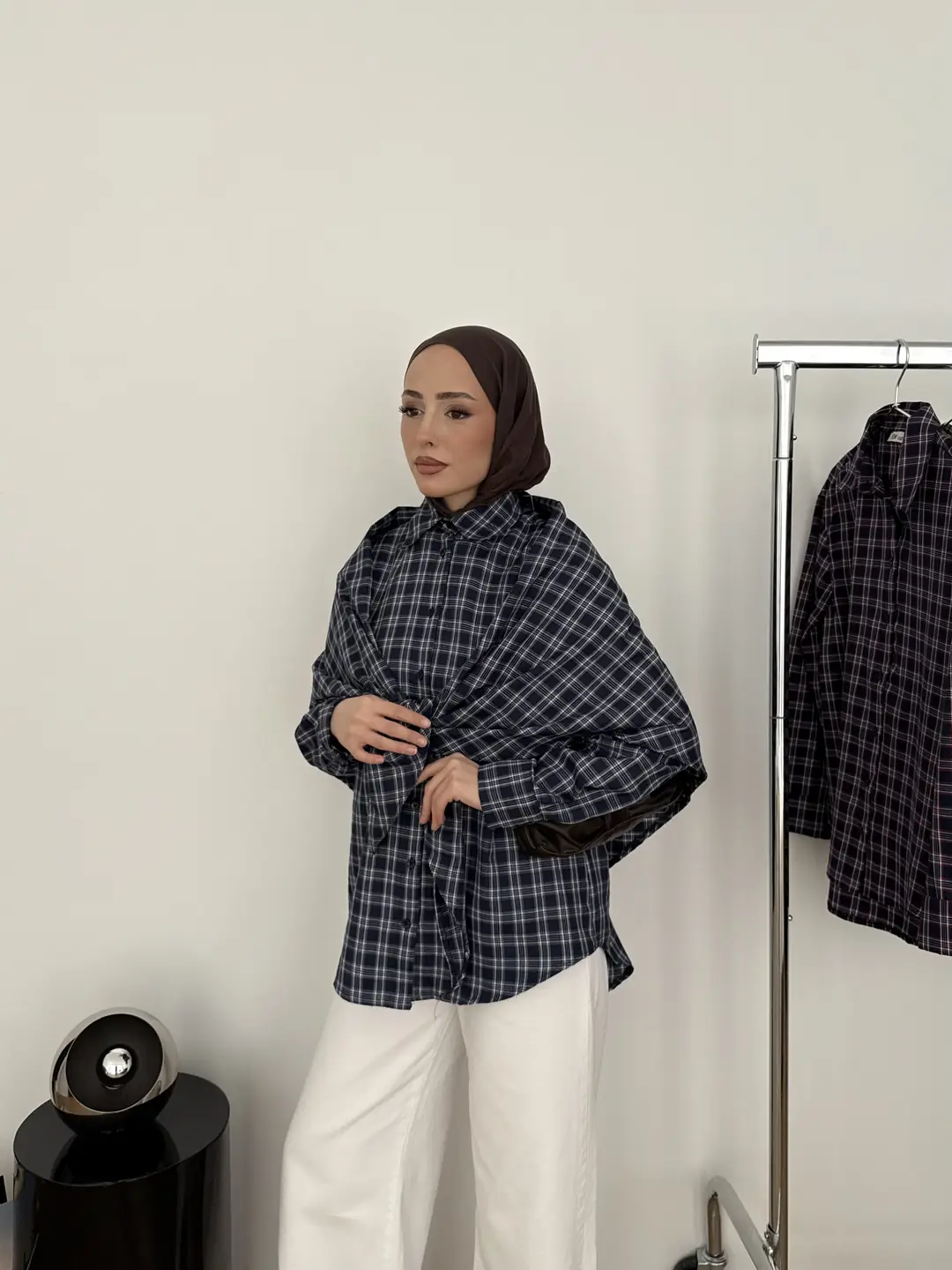 Şal Detaylı Gömlek Lacivert/Beyaz - Görsel 6