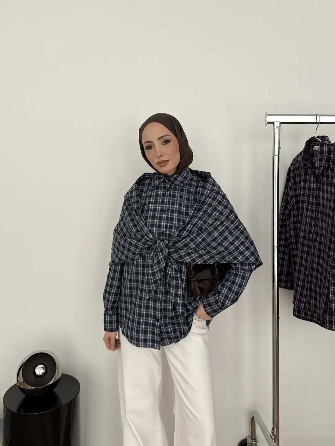 Şal Detaylı Gömlek Lacivert/Beyaz - Görsel 7