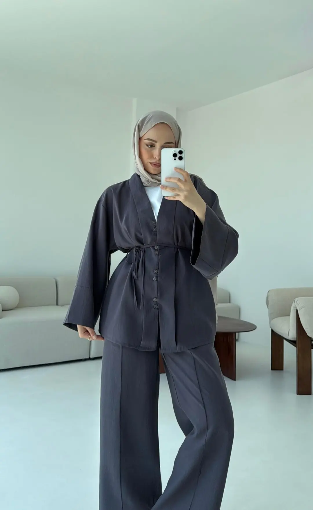 Şal Yaka Düğmeli Takım Antrasit - Görsel 3