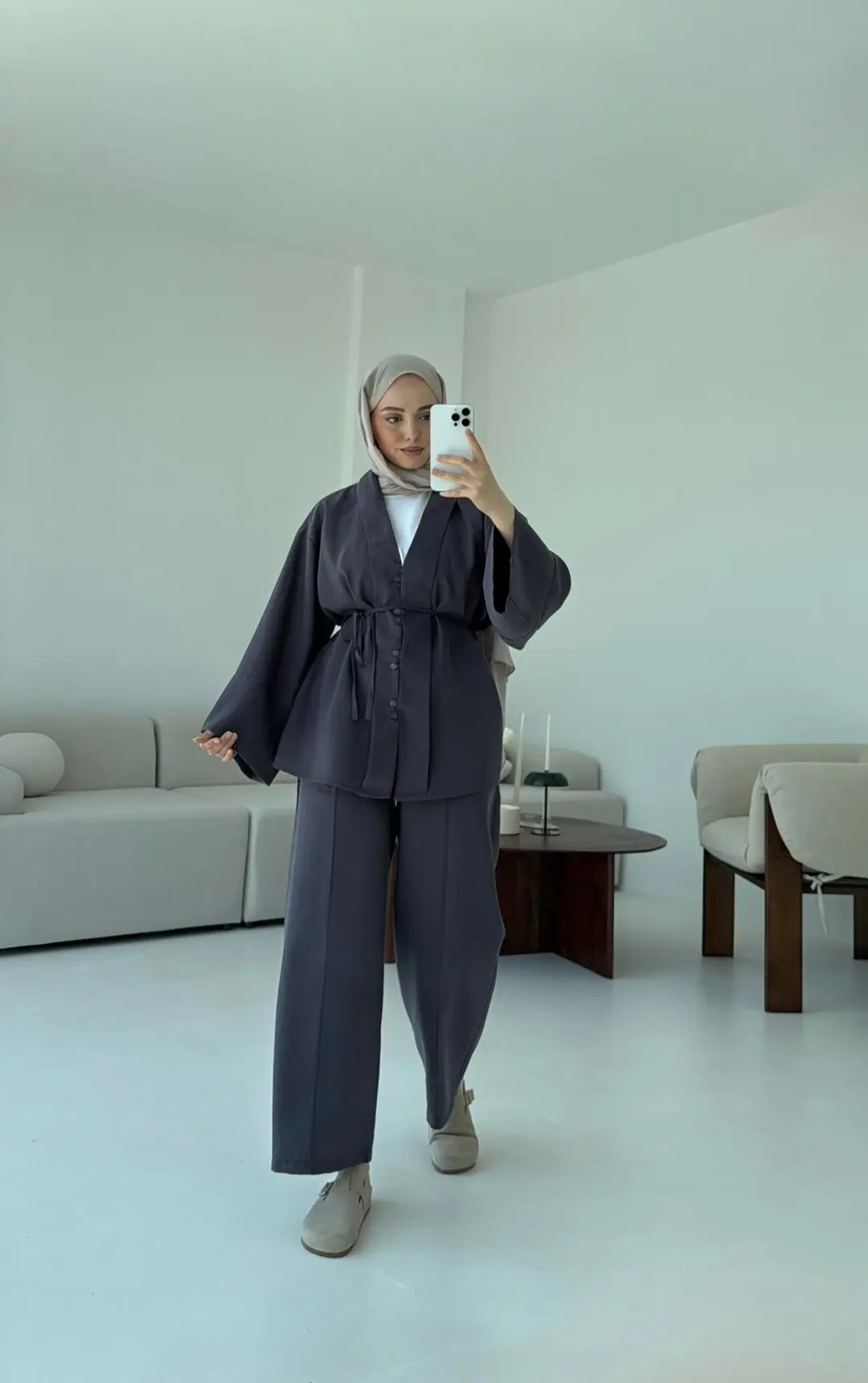 Şal Yaka Düğmeli Takım Antrasit - Görsel 4