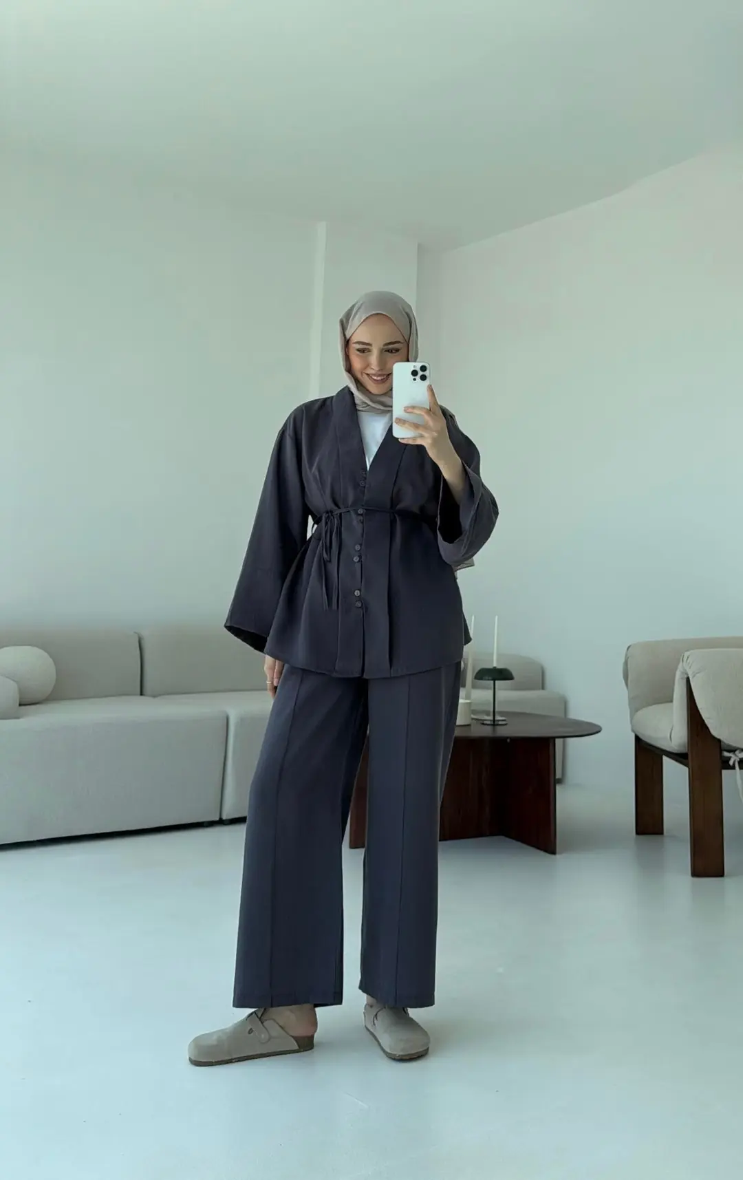 Şal Yaka Düğmeli Takım Antrasit - Görsel 5