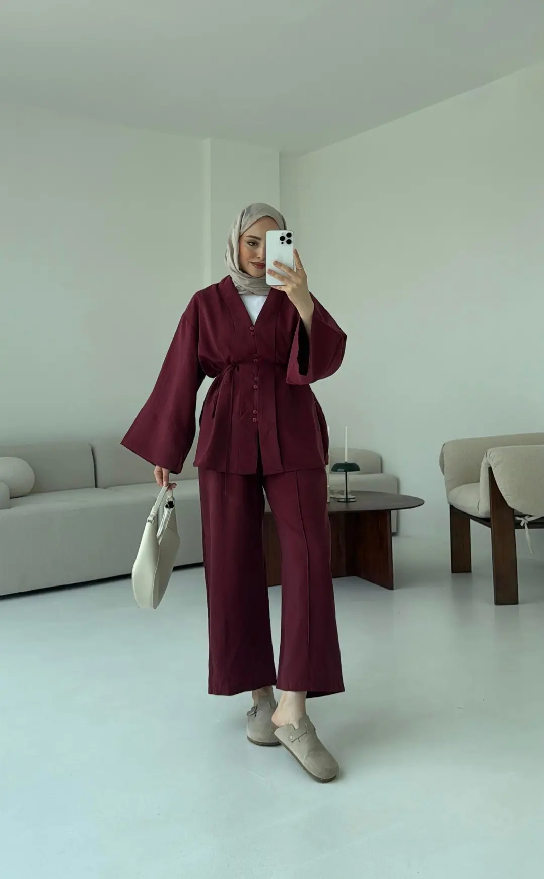 Şal Yaka Düğmeli Takım Bordo - Görsel 2