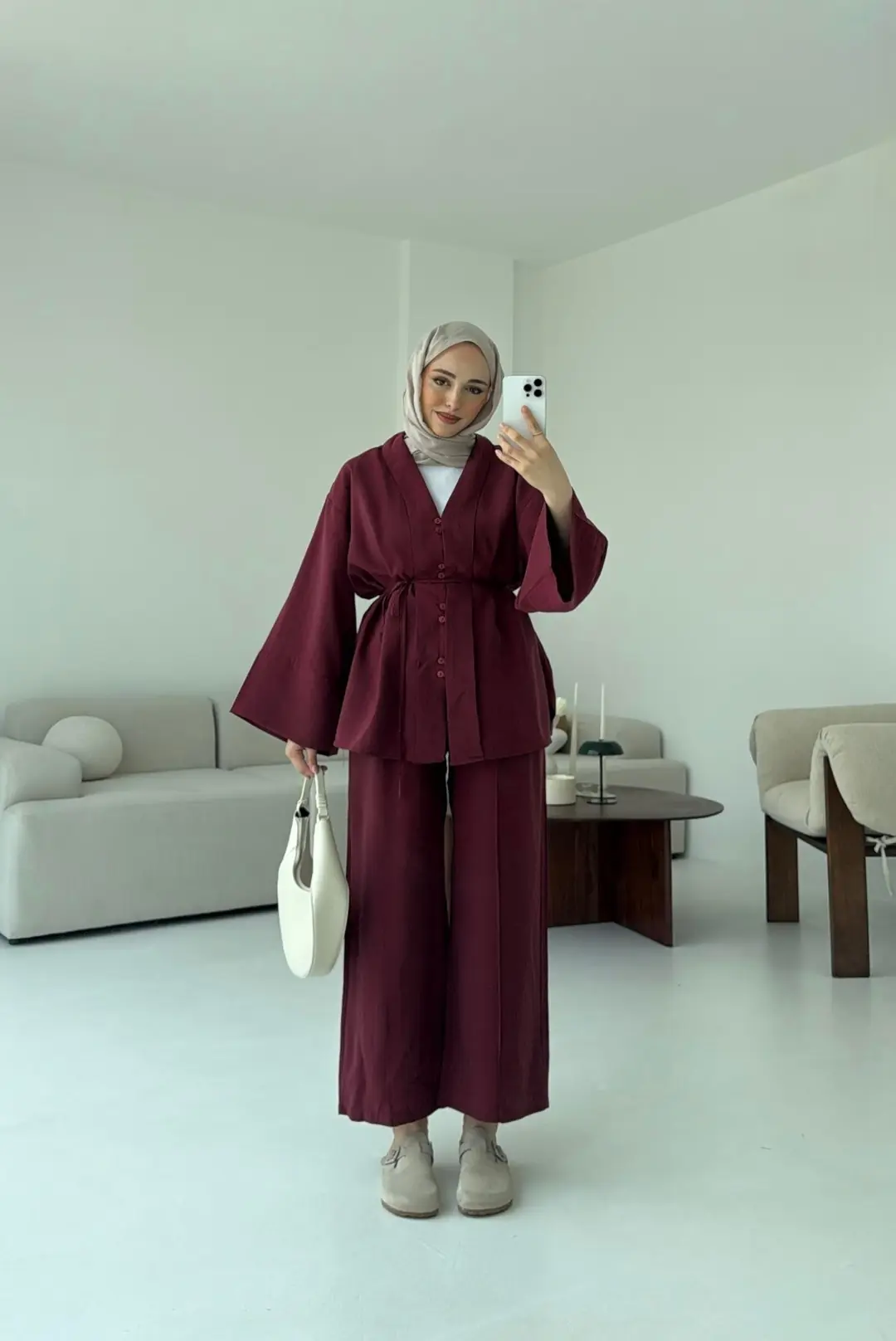 Şal Yaka Düğmeli Takım Bordo - Görsel 3