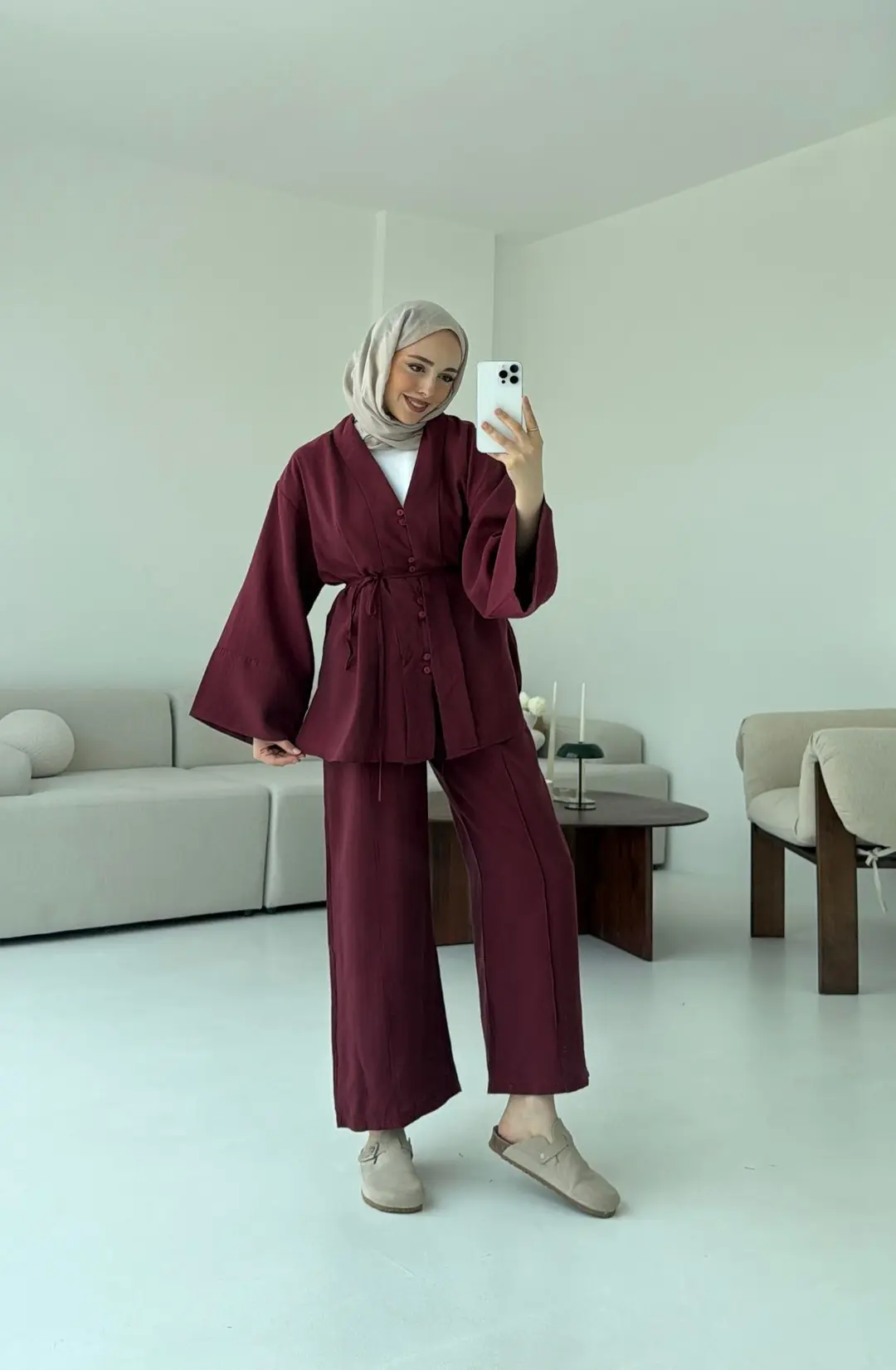 Şal Yaka Düğmeli Takım Bordo - Görsel 5