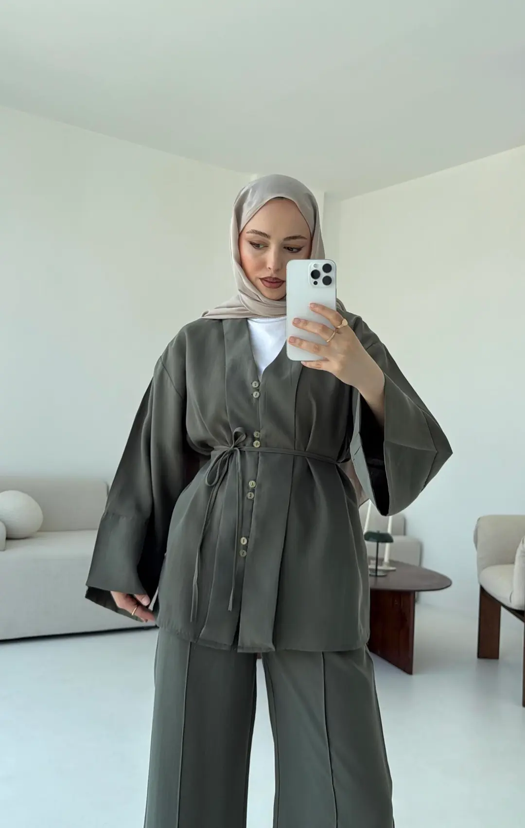 Şal Yaka Düğmeli Takım Haki - Görsel 2