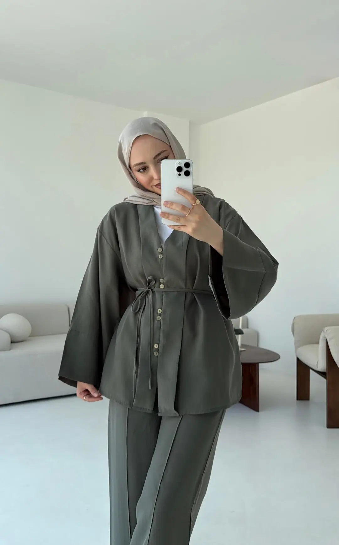 Şal Yaka Düğmeli Takım Haki - Görsel 4