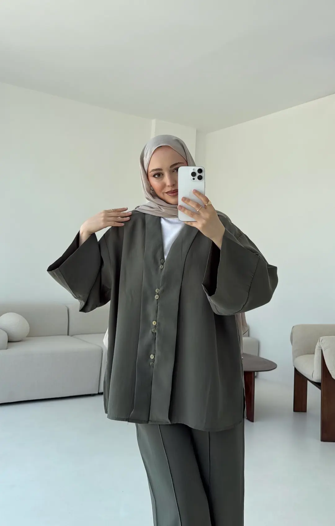 Şal Yaka Düğmeli Takım Haki - Görsel 5