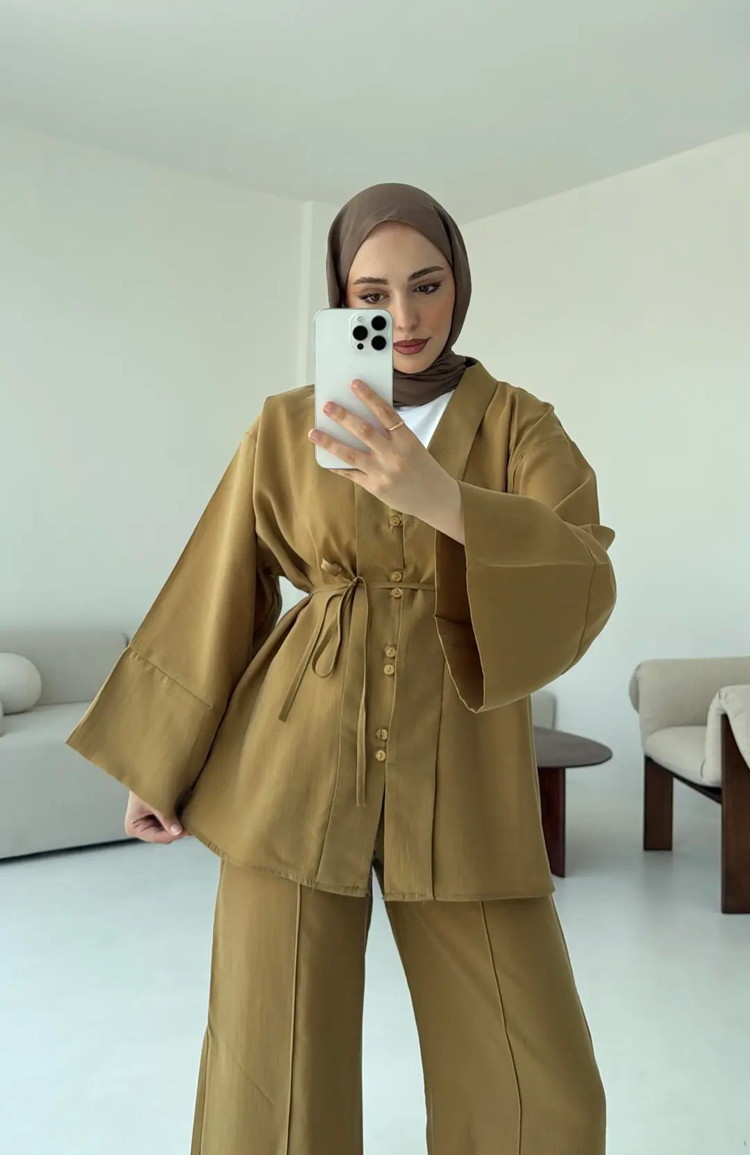 Şal Yaka Düğmeli Takım Hardal