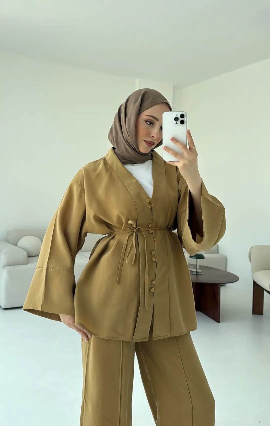 Şal Yaka Düğmeli Takım Hardal - Görsel 2