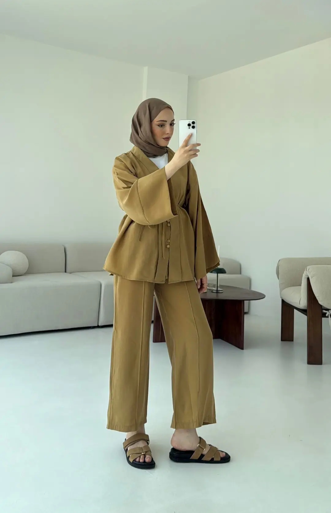 Şal Yaka Düğmeli Takım Hardal - Görsel 3