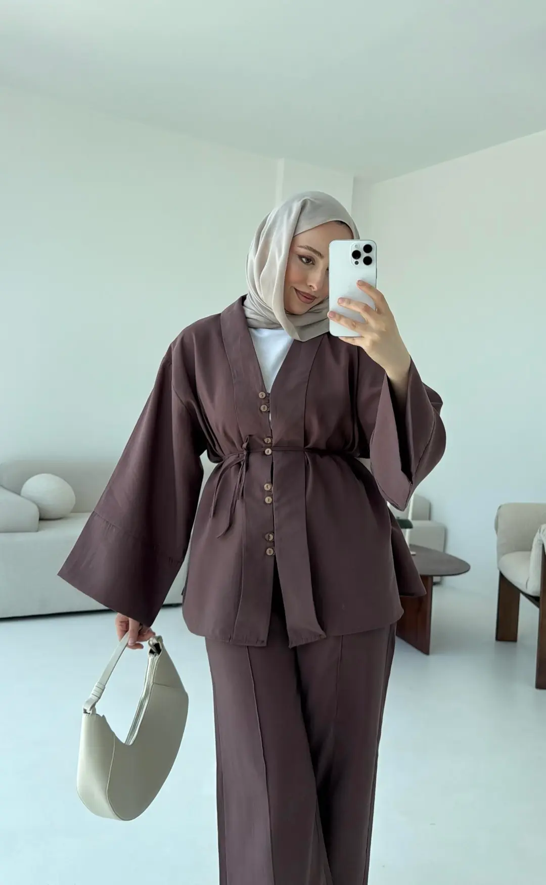 Şal Yaka Düğmeli Takım Kahve