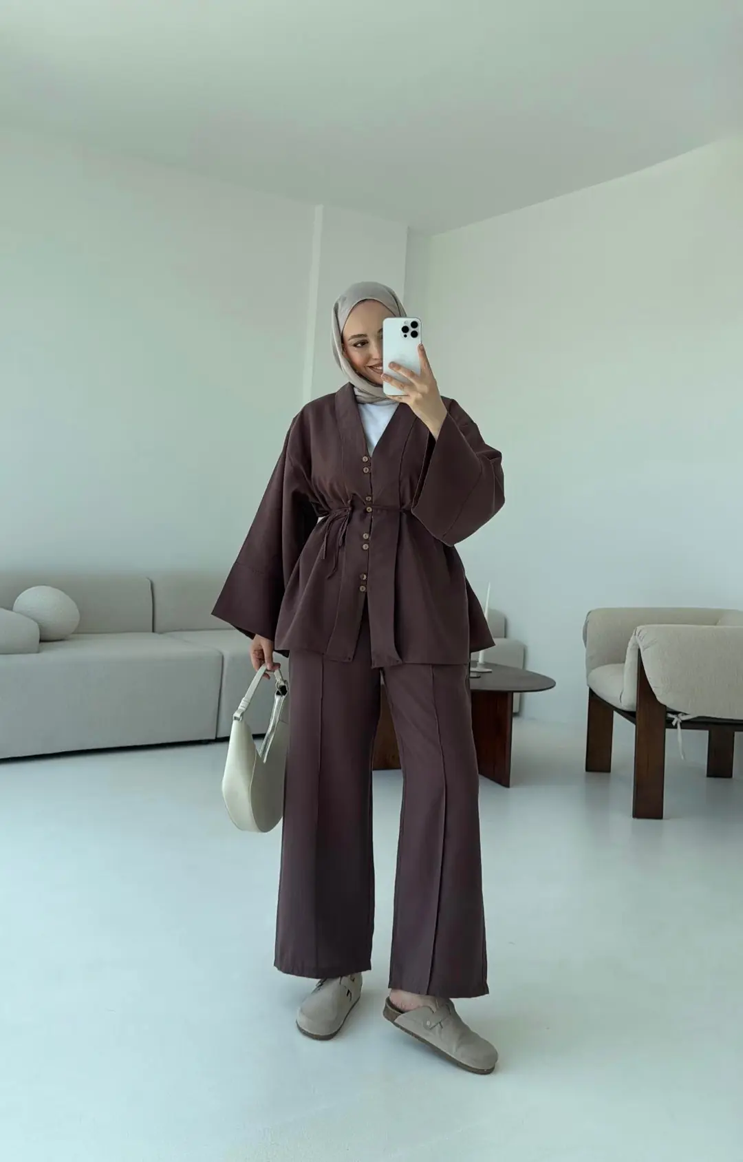 Şal Yaka Düğmeli Takım Kahve - Görsel 2