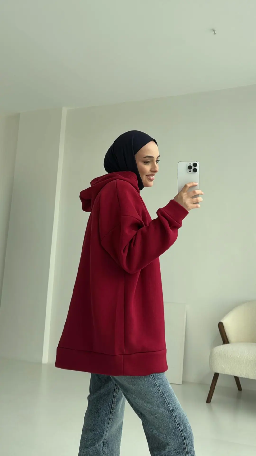 Şardonlu Oversize Bordo Sweatshirt - Görsel 2