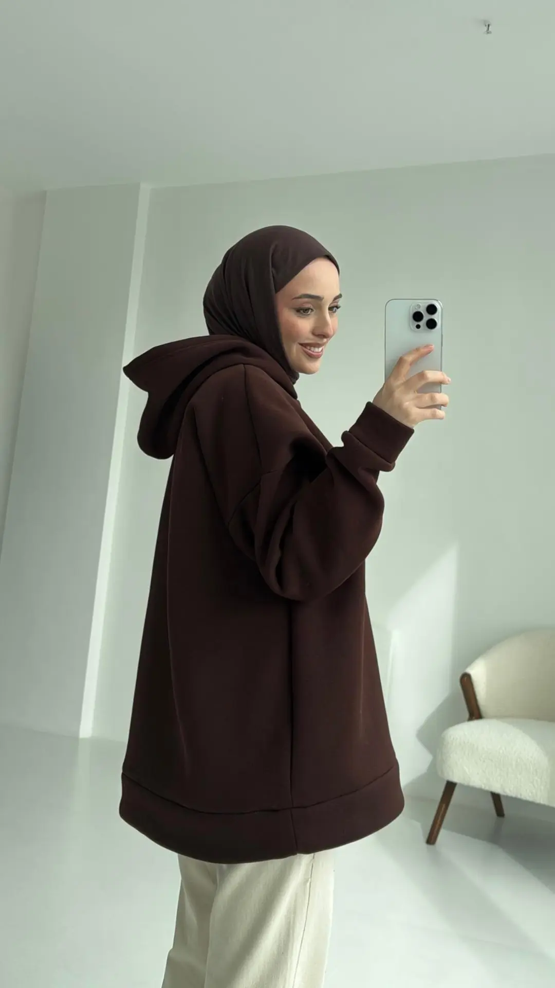 Şardonlu Oversize Kahve Sweatshirt - Görsel 3