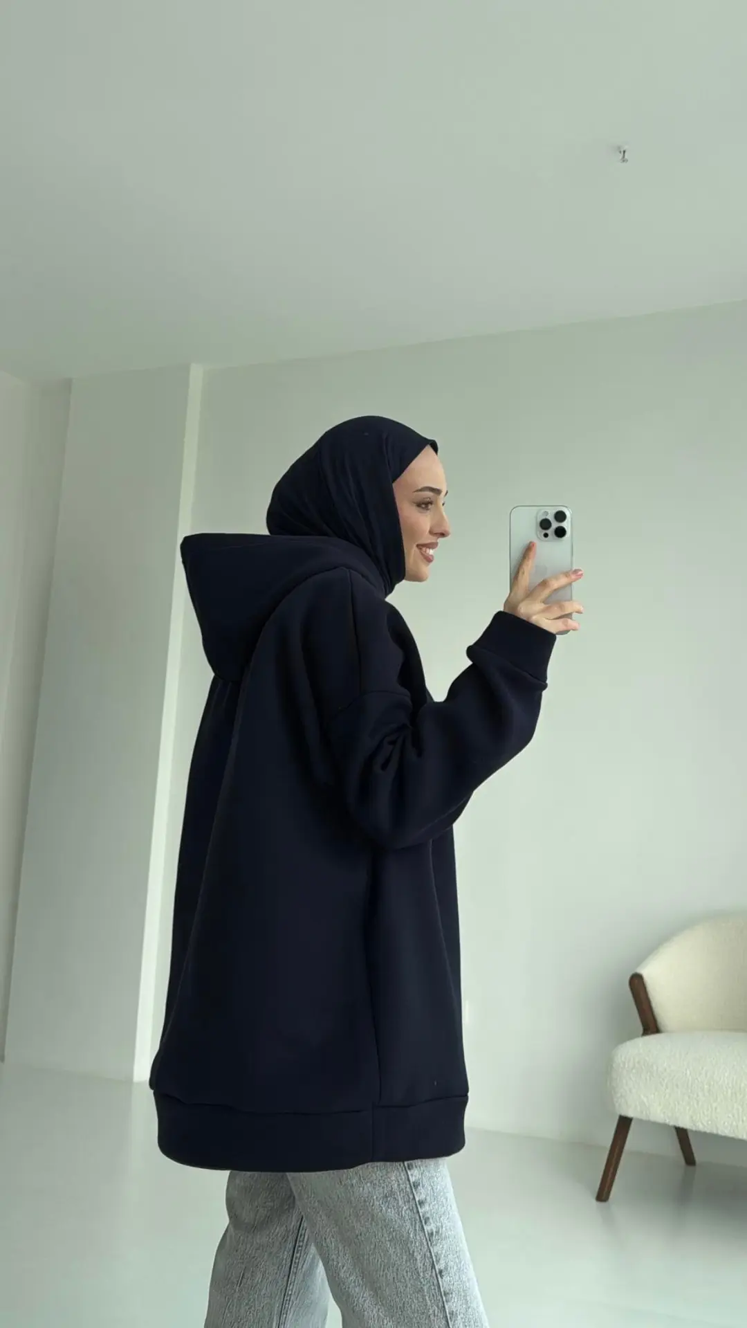 Şardonlu Oversize Lacivert Sweatshirt - Görsel 3