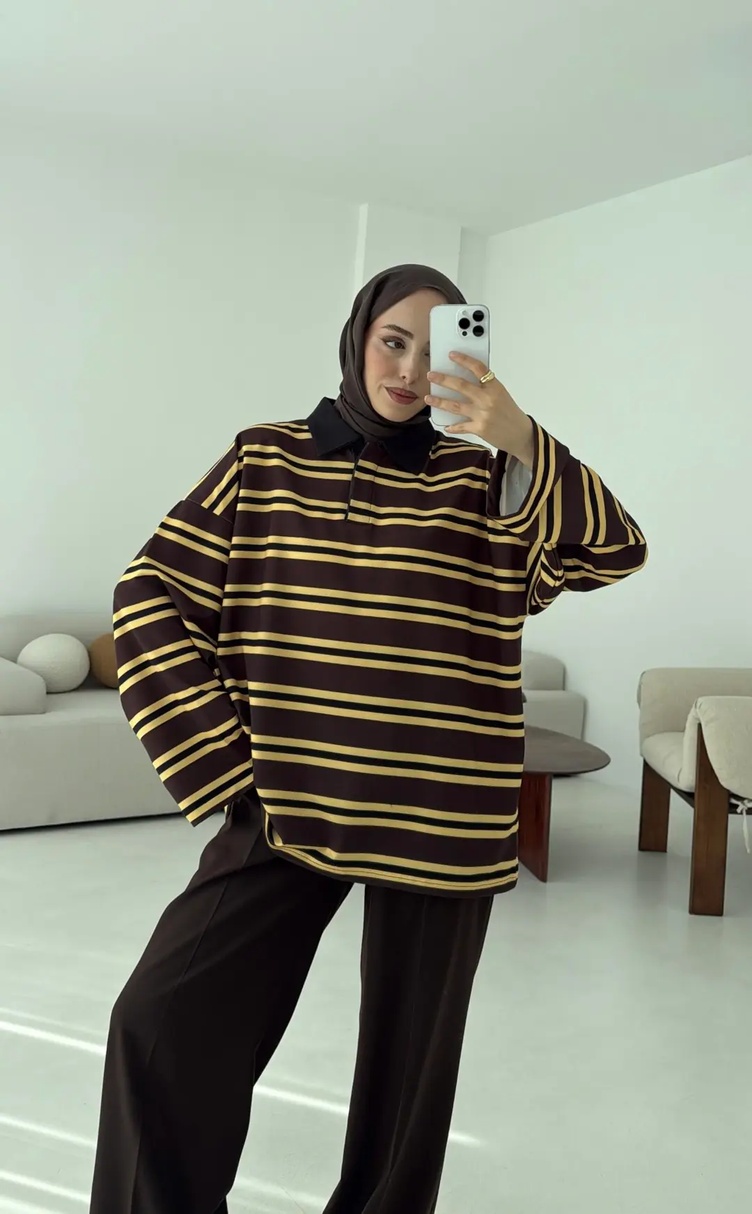 Sarı Çizgili Polo Yaka Sweatshrt - Görsel 2