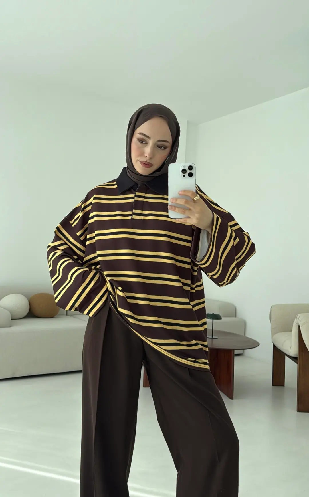 Sarı Çizgili Polo Yaka Sweatshrt - Görsel 3