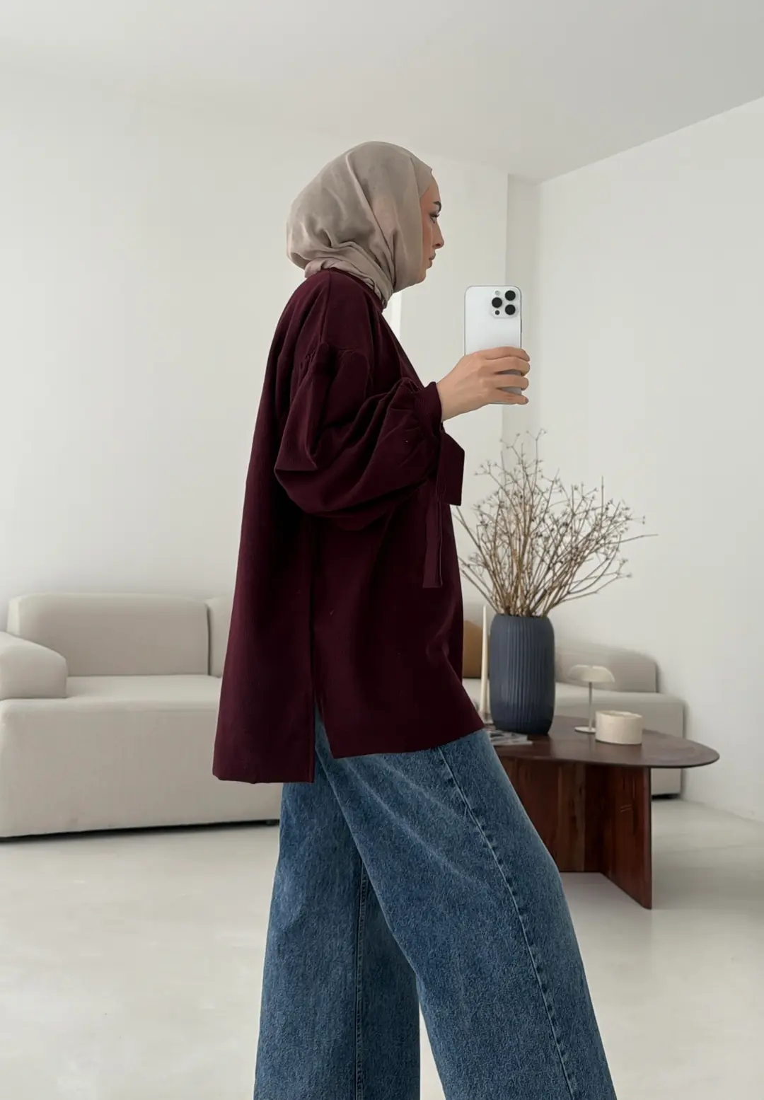 Selanik Balon Kol Bagcıklı Sweat Bordo - Görsel 2