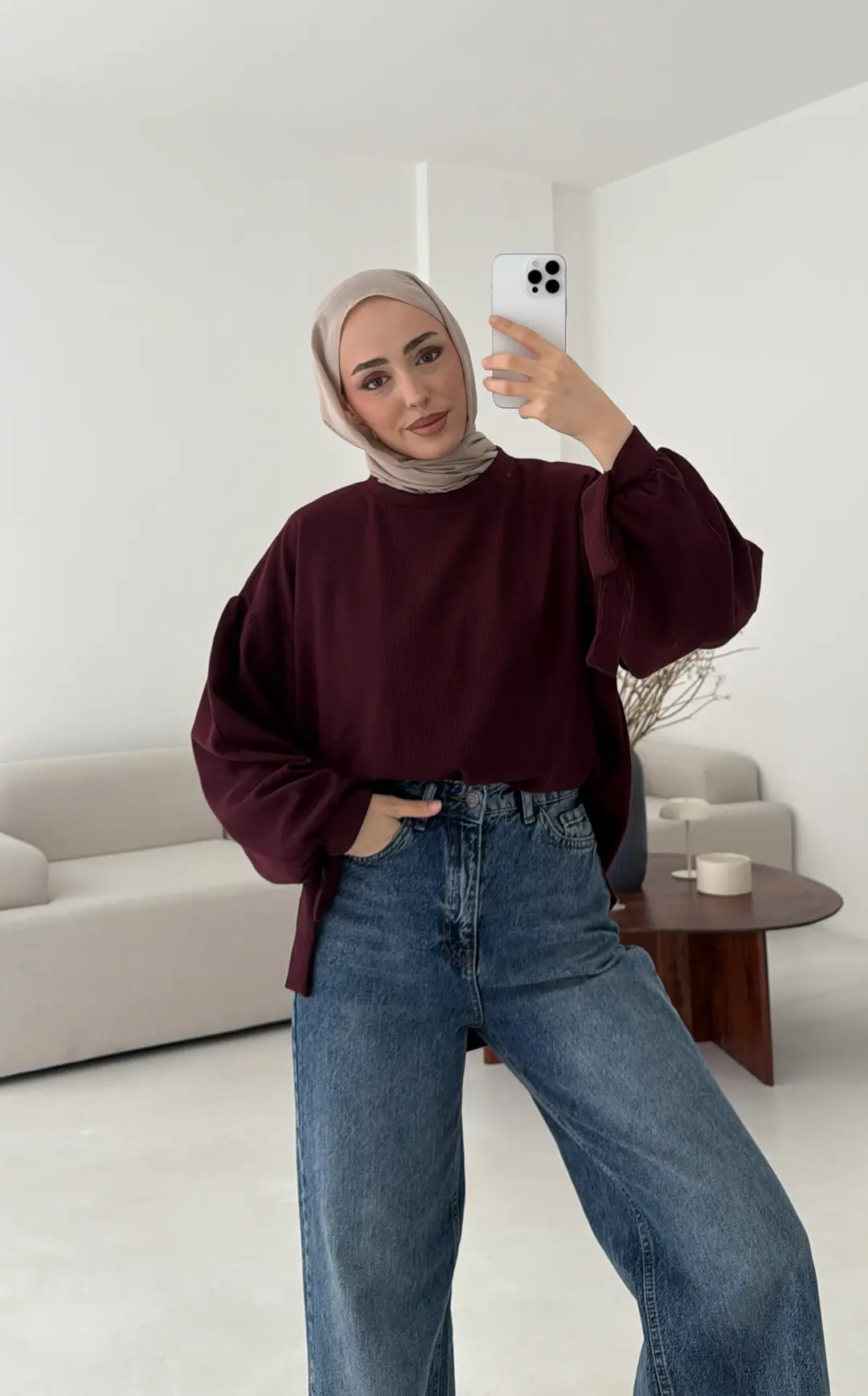 Selanik Balon Kol Bagcıklı Sweat Bordo - Görsel 4