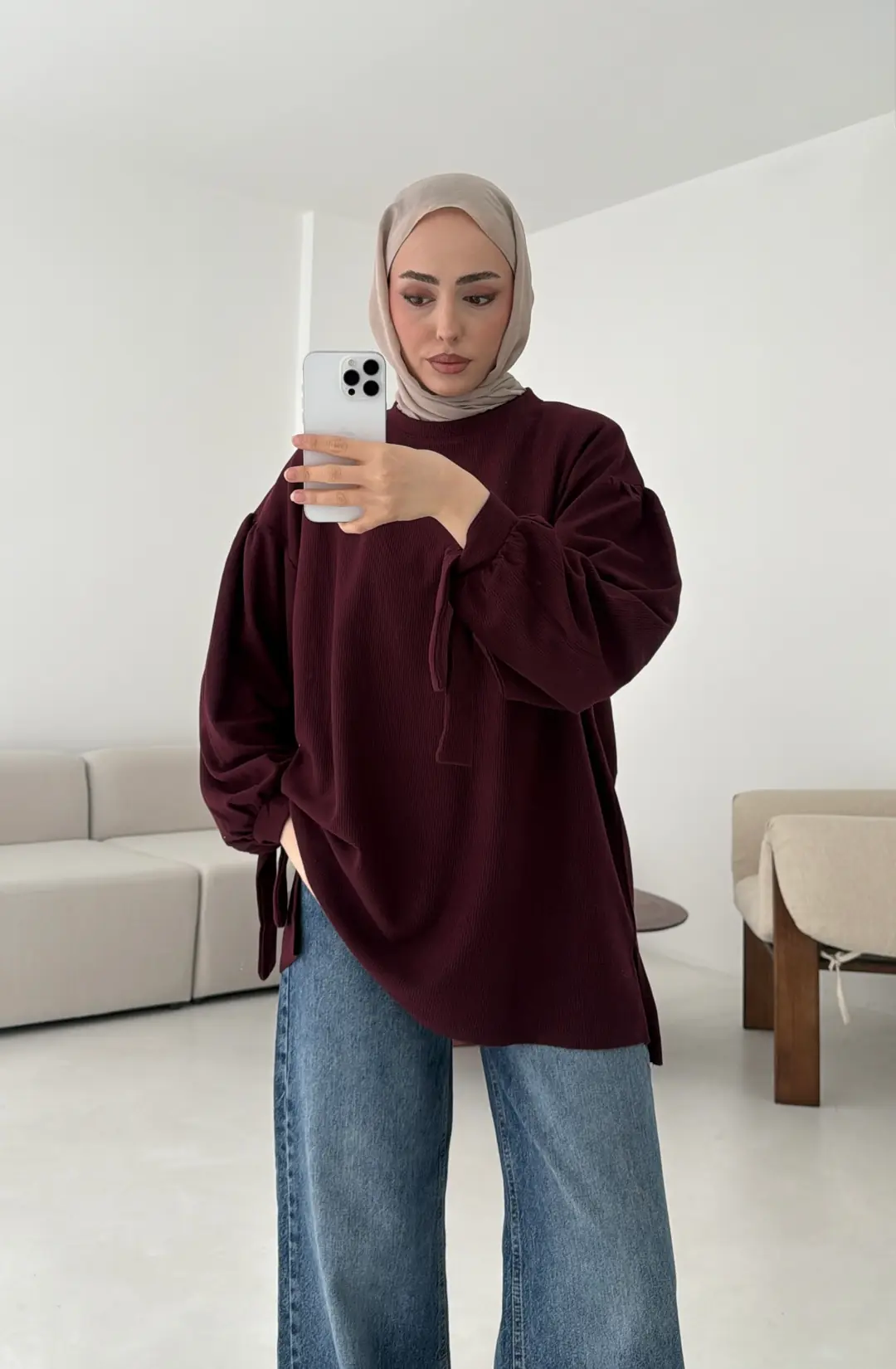 Selanik Balon Kol Bagcıklı Sweat Bordo - Görsel 5