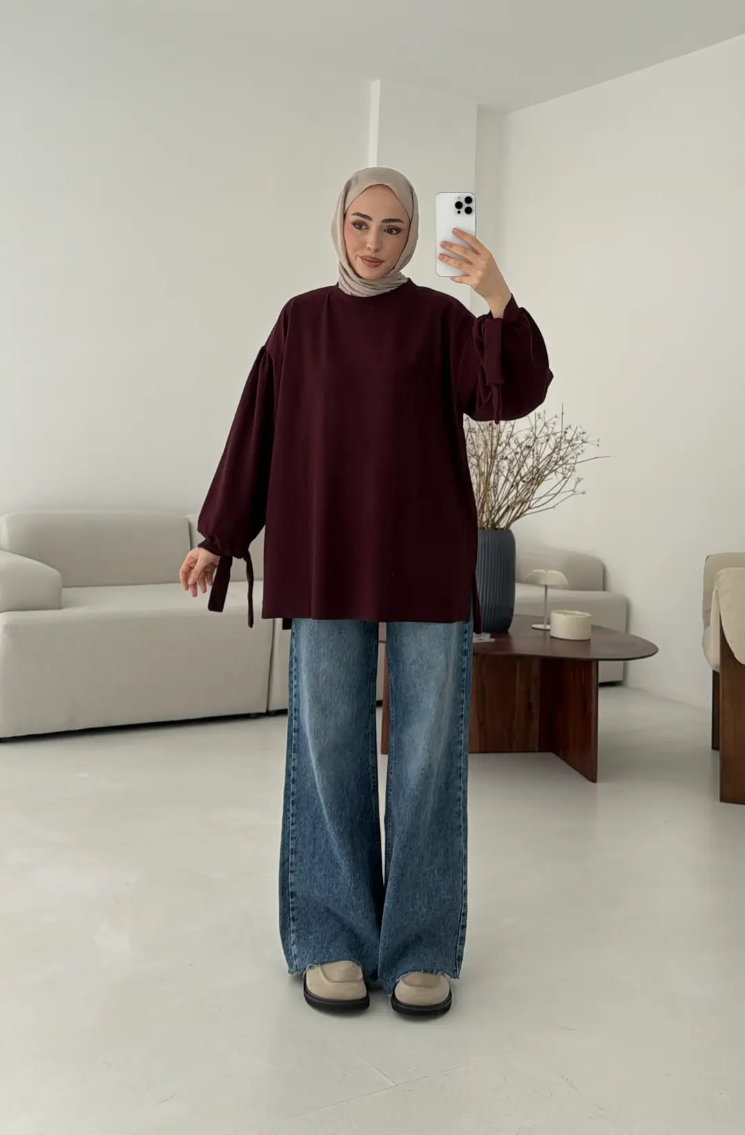 Selanik Balon Kol Bagcıklı Sweat Bordo - Görsel 7