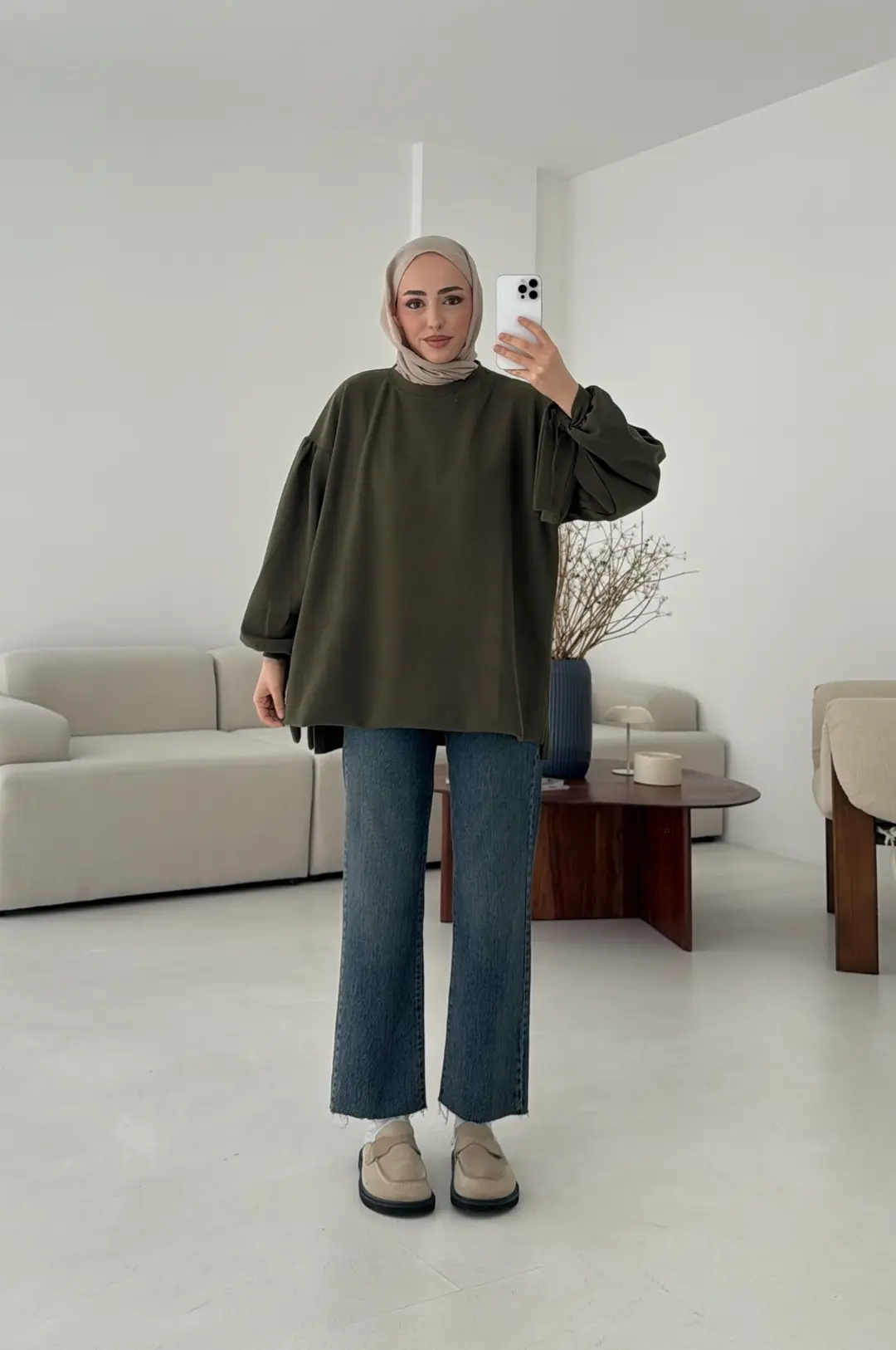 Selanik Balon Kol Bagcıklı Sweat Haki - Görsel 6