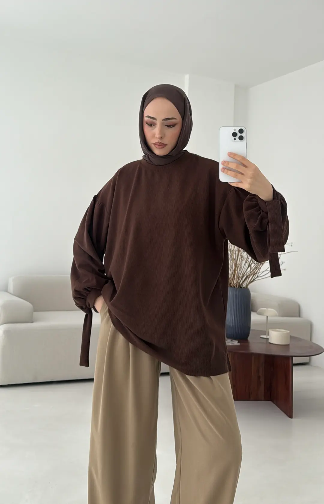 Selanik Balon Kol Bagcıklı Sweat Kahve - Görsel 8