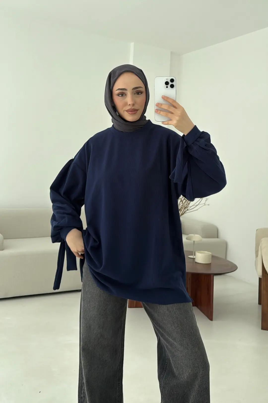 Selanik Balon Kol Bagcıklı Sweat Lacivert - Görsel 7