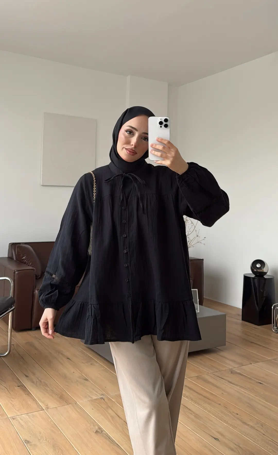 Şerit Detay Muslin Gömlek Siyah - Görsel 2