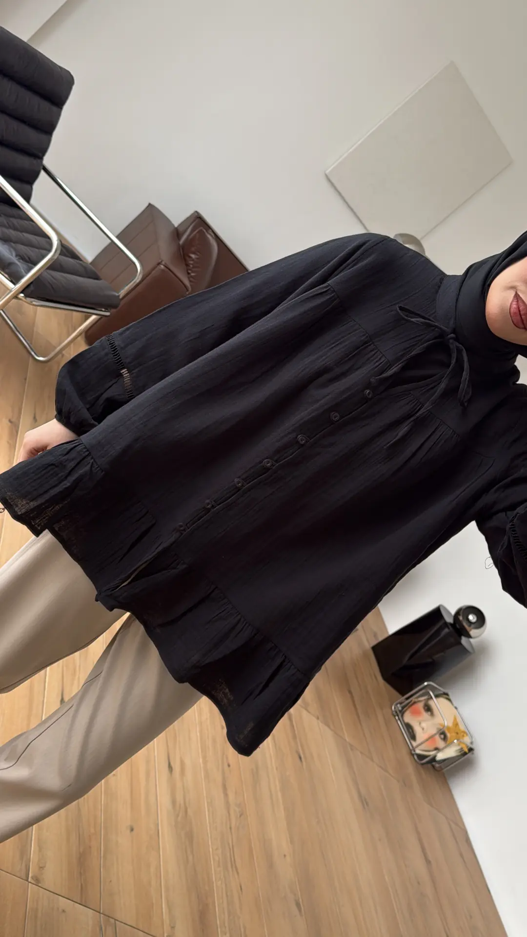 Şerit Detay Muslin Gömlek Siyah - Görsel 4