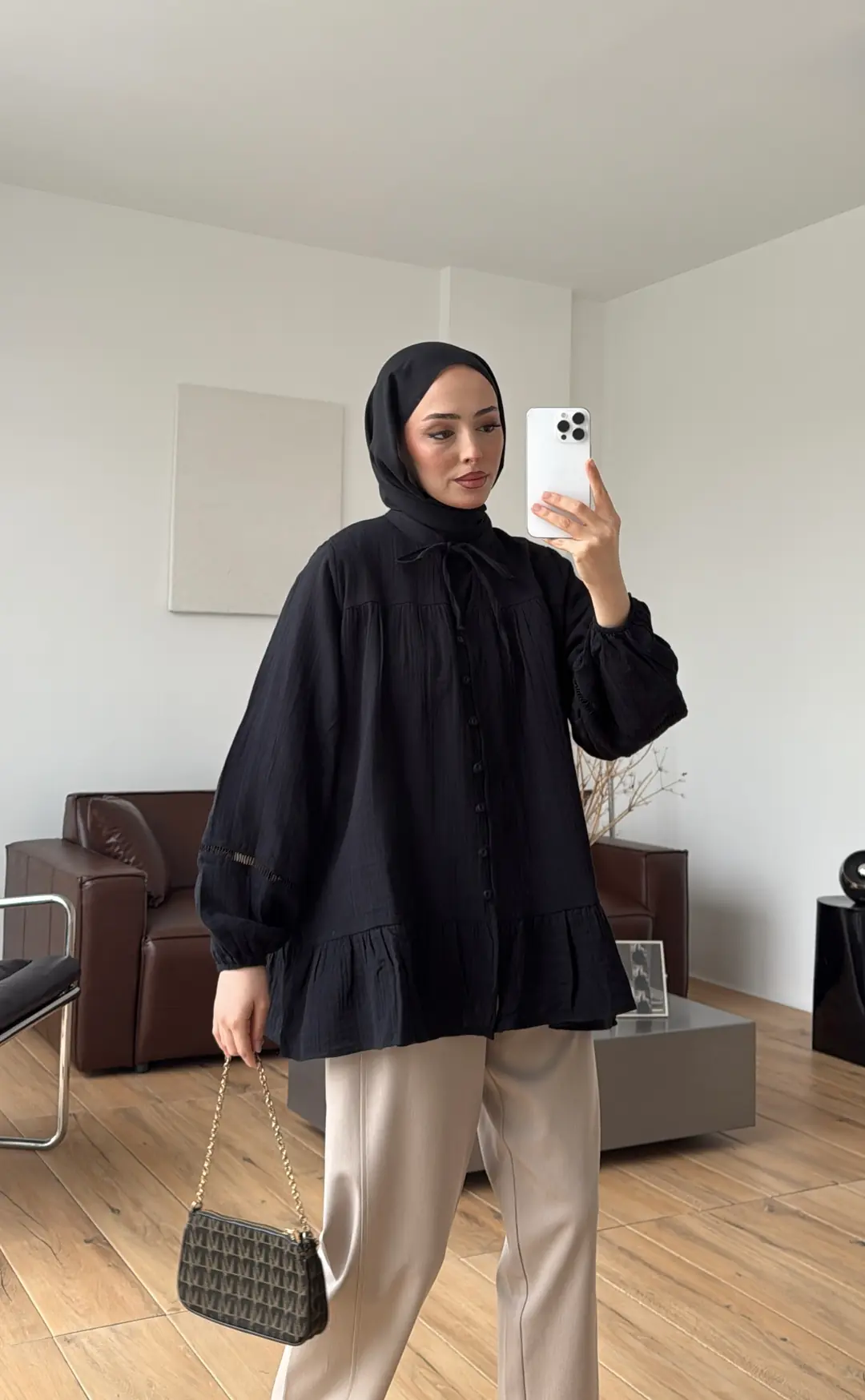 Şerit Detay Muslin Gömlek Siyah - Görsel 6