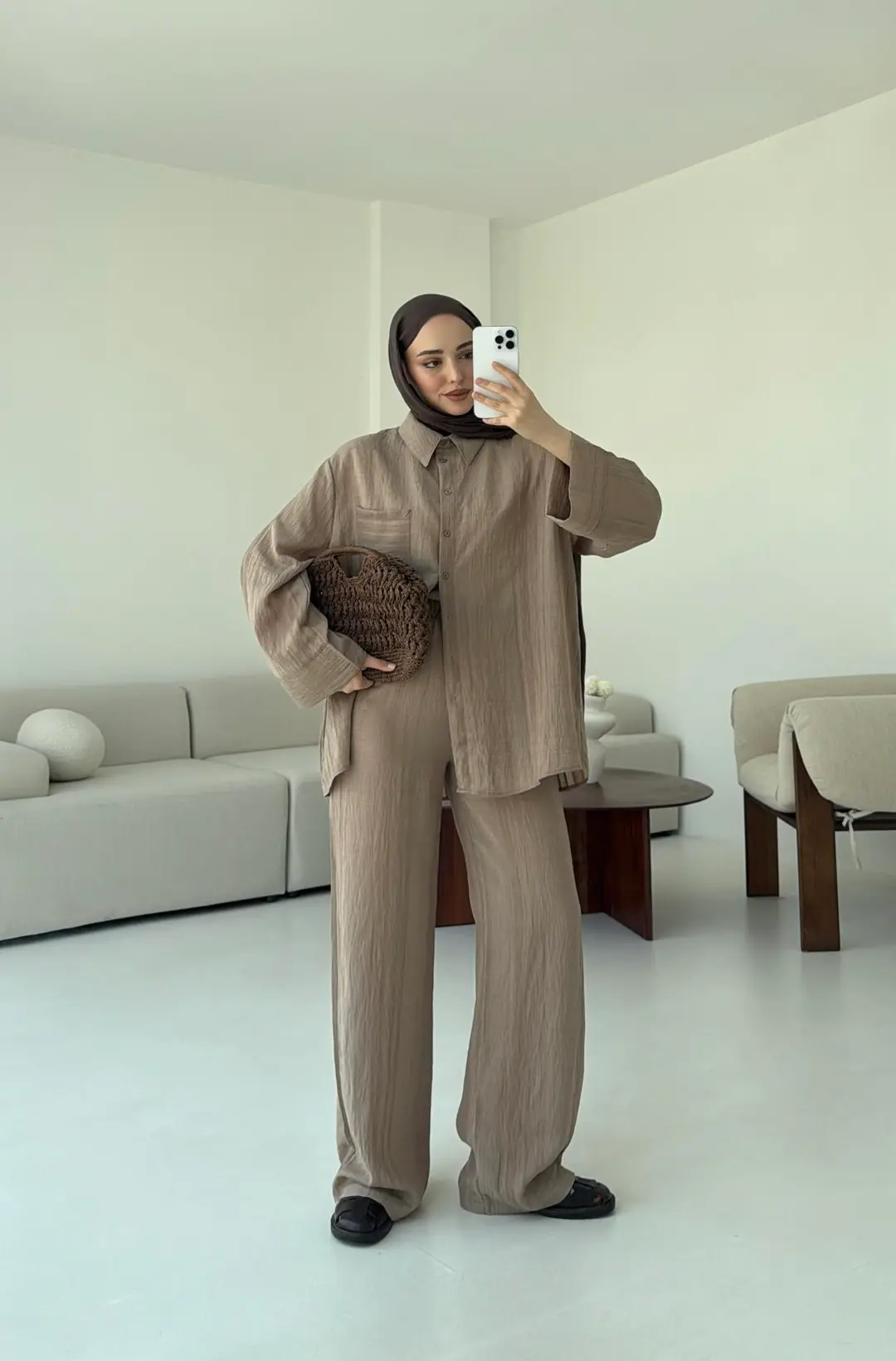 Şeritli Gömlekli Takım Acık Kahve - Görsel 3