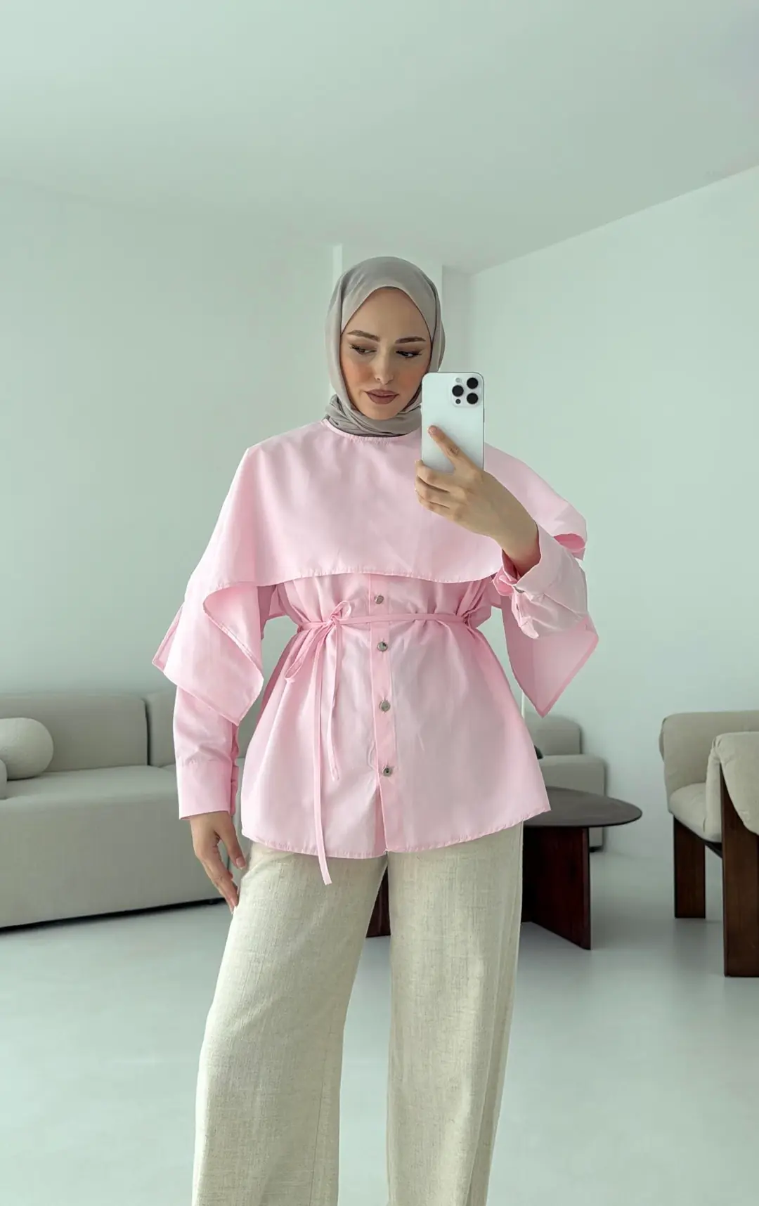 Seyyar Pelerinli Gömlek Pembe - Görsel 3