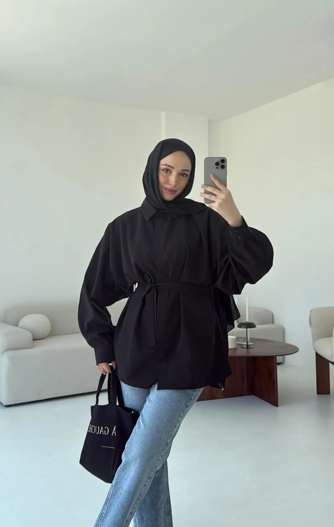 Siyah Balon Kol Bağlamalı Gömlek