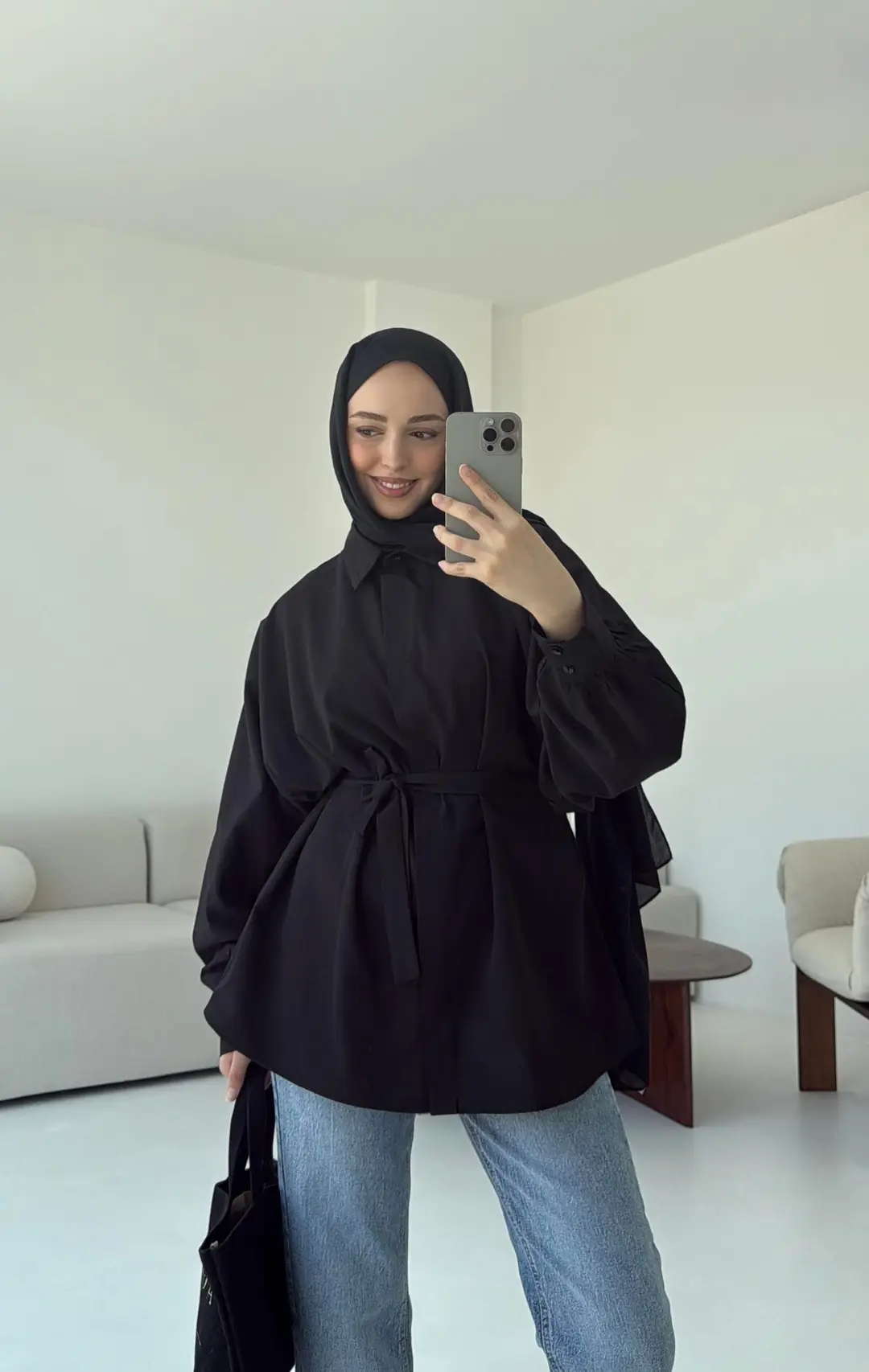 Siyah Balon Kol Bağlamalı Gömlek - Görsel 2