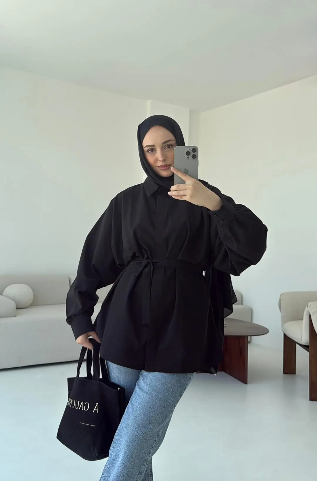 Siyah Balon Kol Bağlamalı Gömlek - Görsel 4