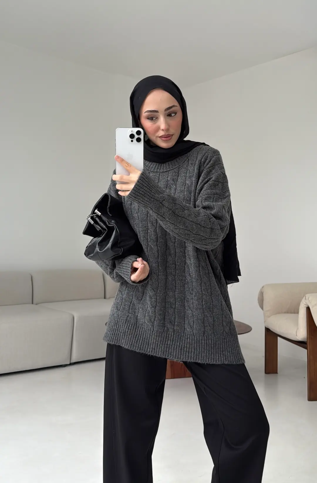 Bisiklet Yaka Örgü Kazak Koyu Gri