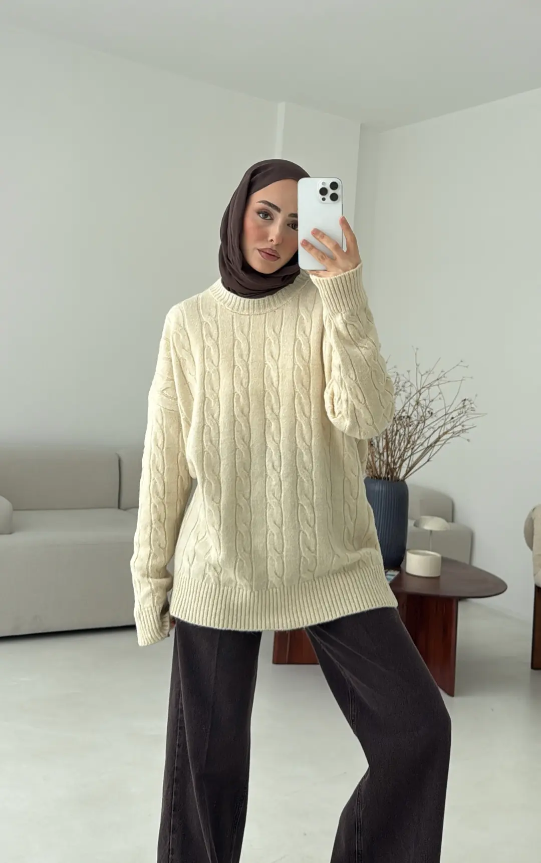 Bisiklet Yaka Örgü Kazak Krem