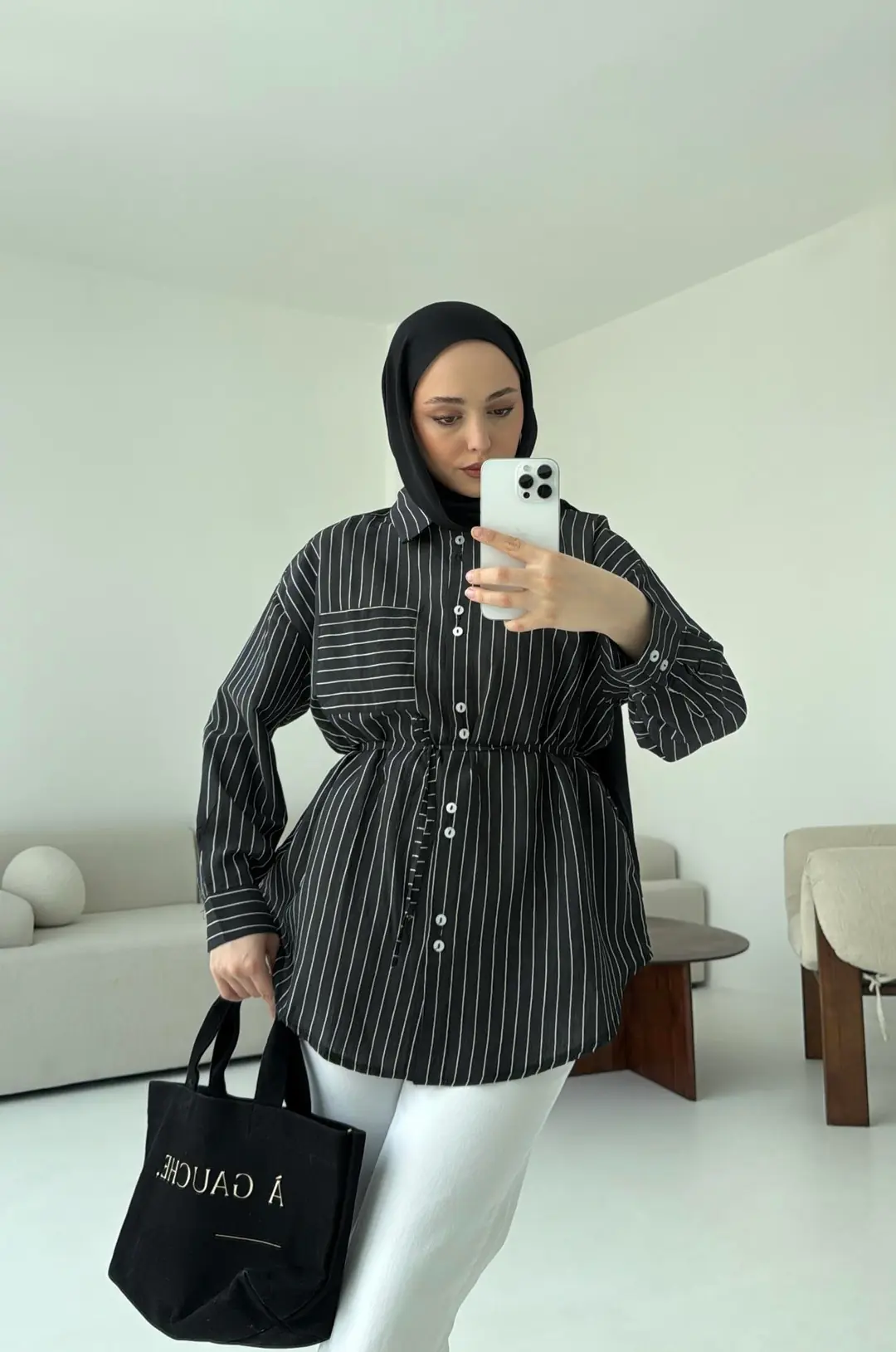 Siyah Çizgili Bağlamalı Gömlek