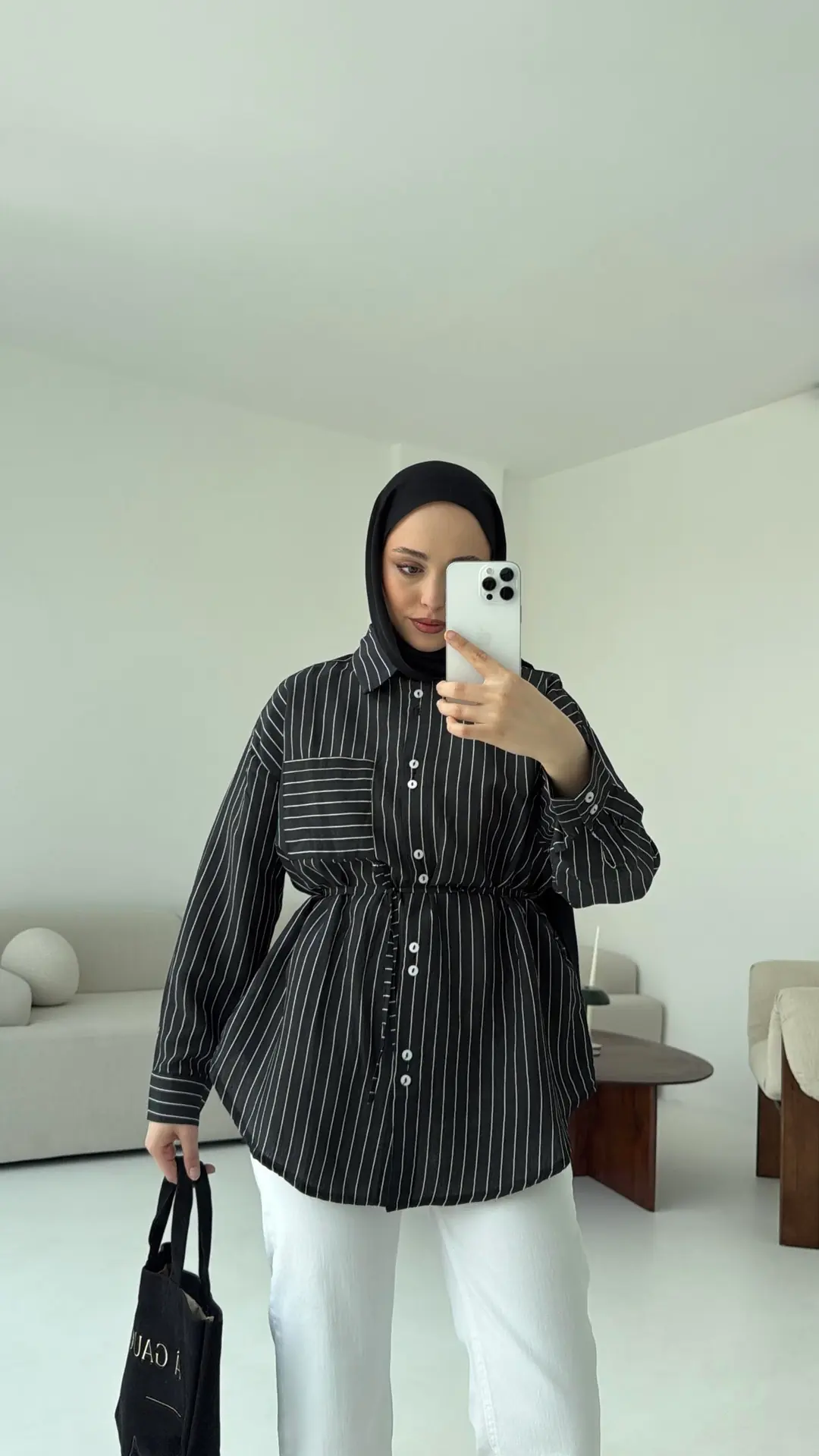 Siyah Çizgili Bağlamalı Gömlek - Görsel 6