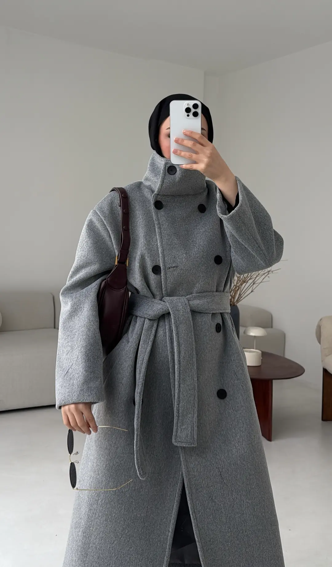 Siyah Düğmeli Yakalı Kaban Gri - Görsel 2