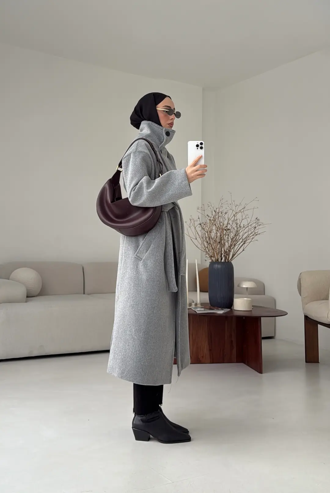 Siyah Düğmeli Yakalı Kaban Gri - Görsel 3