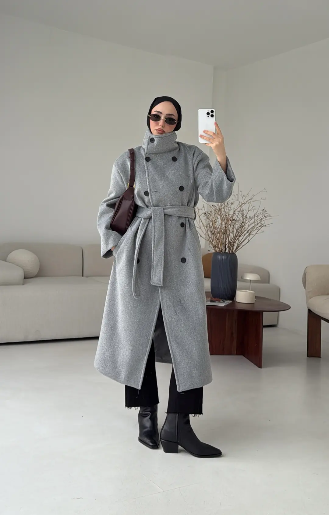 Siyah Düğmeli Yakalı Kaban Gri - Görsel 4